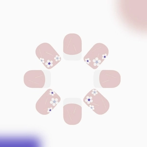 Pink French tips press-on nails with white and purple floral patterns on white background