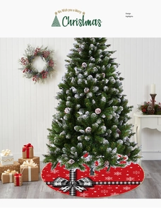 Detailed view of red Christmas tree skirt with white snowflakes and checkered bows