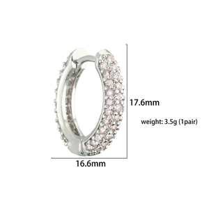 Detail view of pink zircon hoop earrings with dimensions 17.6mm height and 16.6mm width