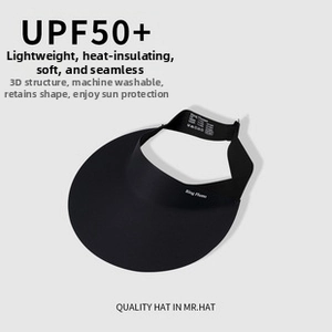 Detail of black UPF50+ sun visor showing inner fabric texture and quality care labels