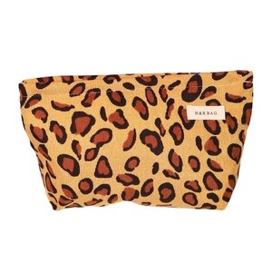 Vintage leopard print corduroy makeup bag with large capacity for travel toiletries