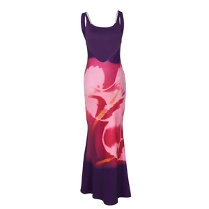 Detail of purple sleeveless maxi dress featuring a vibrant pink gradient floral print