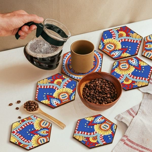 Mandala pattern wooden diamond painting coasters set with colorful hexagonal designs