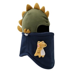 Winter children's fleece dinosaur balaclava hat with ear flaps in olive green and yellow