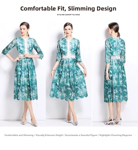 Vue triple d'une robe en dentelle fleurie vert menthe avec taille ajourée et manches 3/4
