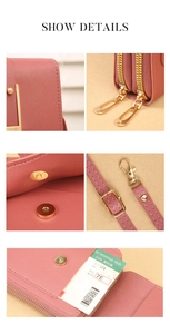 Detail of rose pink textured leather phone bag with gold hardware and dual zippers
