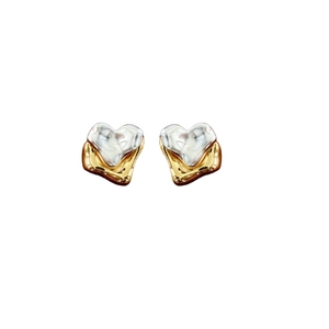 Two-tone heart stud earrings with gold and silver liquid metal finish for women