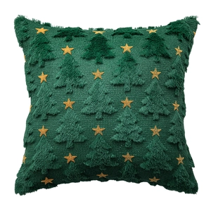 Dark green Christmas tree cushion cover with gold star embroidery and tassel edges