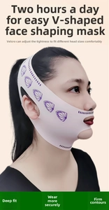 Detail of adjustable V-line lifting mask with breathable fabric and velcro closure strap