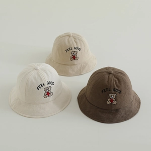 Set of three children's bear embroidery bucket hats in beige, khaki and dark brown