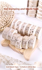 Detailed view of 12-roll gold foil washi tape set in an aesthetic gift display box