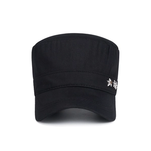 Black cotton cadet cap with metal star badges and adjustable flat top military style
