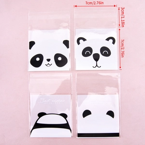 Set of four panda cartoon clear self-sealing bags for cookies and candies, size 7x7cm