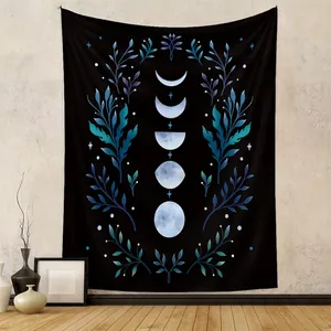 Moon Phase Tapestry Polyester Celestial Wall Hanging Bohemian Mysterious Plant Leaf Design Black For Bedroom Living Room