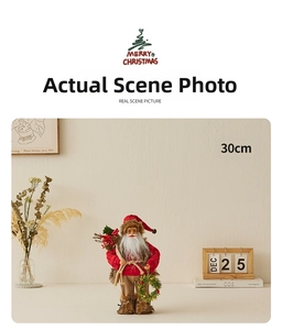 Detailed view of a 30cm Santa Claus doll in red sweater with pine cone gift bag