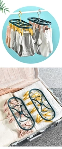 Foldable multi-purpose hanger with 12 clips showing hanging use and compact travel storage