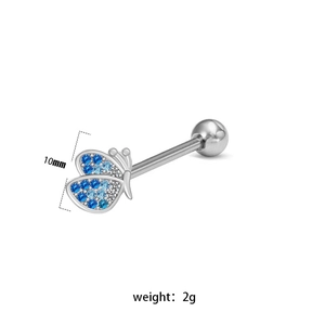 Detail of butterfly tongue ring with blue stones showing 10mm length and 2g weight