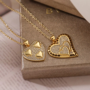 18K gold plated copper heart pendant necklaces with cubic zirconia in professional display