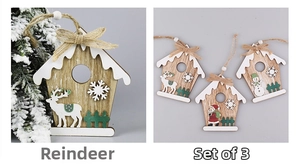 Set of 3 wooden house-shaped Christmas ornaments with Santa, snowman and elk motifs