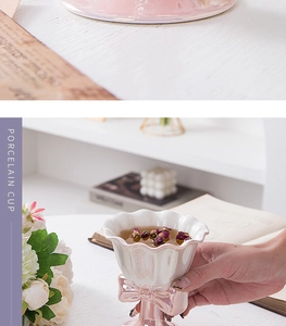 Detail of pink and white ceramic dessert cup featuring a 3D ribbon bow decoration