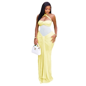 Elegant pale yellow halter neck bodycon maxi dress with ruched details and slim fit design