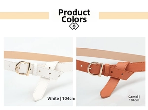 Detail view of white and camel belts with golden D-ring buckles and 104CM length