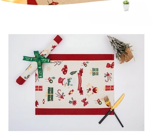 Detailed festive Christmas placemat set featuring snowman motifs and red holiday ribbons