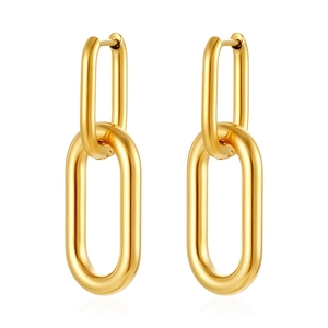 Detail view of oval U-shaped gold plated stainless steel earrings on white background