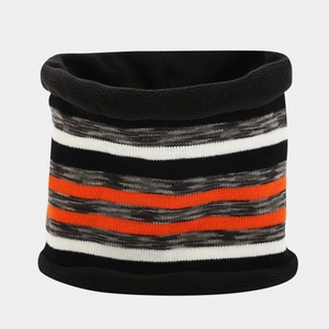 Detail of striped knitted neck warmer with thick black fleece lining for winter warmth