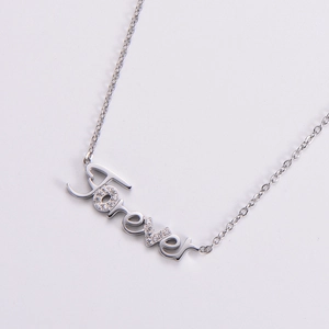 Elegant silver Forever letter pendant necklace with micro-set diamonds on delicate chain