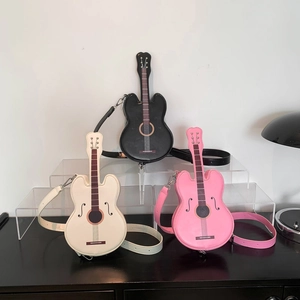 Guitar-shaped PU leather crossbody bags in black, beige, and pink colors for women