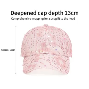 Pink lace mesh baseball cap with sequins and deep fit design for sun protection