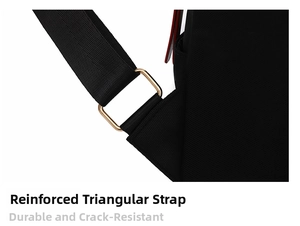 Detail of reinforced triangle strap and gold metal ring on black oxford backpack