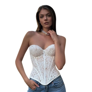 White lace corset crop top for women featuring floral embroidery and boning detail