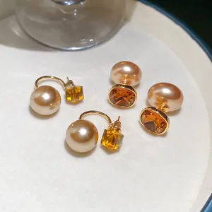 Vintage French Gold Plated Artificial Pearl Earrings With 925 Sterling Silver Earring Post Amber Glass Geometric Jewelry For Women