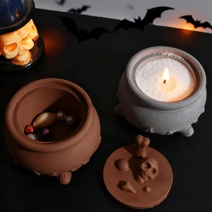 Halloween skull cauldron resin mold storage jar and candle holder with spooky bone lids
