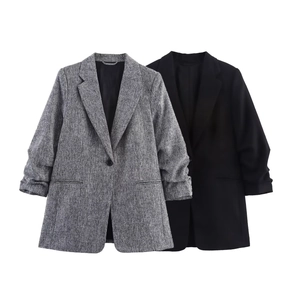 Womens Casual Blazer Notched Lapel Single Button Mid Length Pleated Sleeves Tweed Textured Commuting Jacket
