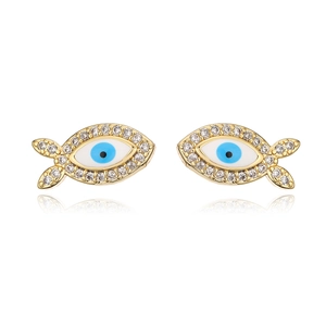 Detail of gold fish studs with cubic zirconia and evil eye patterns with reflection
