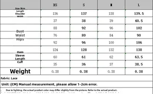 Detailed size chart for lace round neck dress with bell sleeves in CM and garment weight