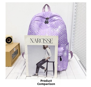 Mochila acolchada morada con corazones comparada con revista para ver el tamaño
