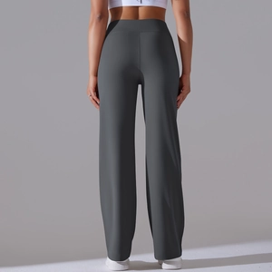 Rear view of dark grey high-waist wide-leg yoga pants showing soft brushed fabric