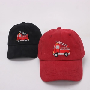 Kids baseball caps with fire truck embroidery in red and black cotton for boys and girls