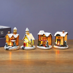 LED lighted Christmas village set with four unique snowy resin houses for holiday decor