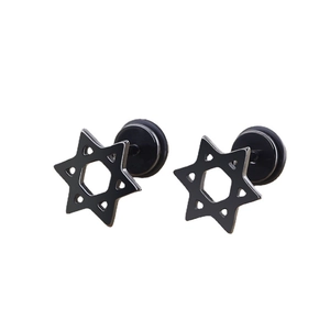 Minimalist black stainless steel hexagram star stud earrings for women on white background