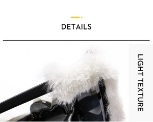 Close-up of black heart sunglasses frame featuring soft white faux fur texture details