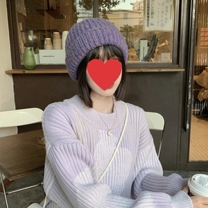 Women's autumn winter purple knitted hat and sweater set for warm outdoor styling
