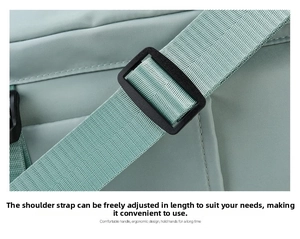 Detailed macro view of mint green nylon shoulder strap with adjustable black plastic buckle