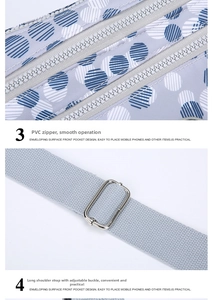 Detail of grey polka dot nylon bag with PVC zippers and adjustable metal strap buckle