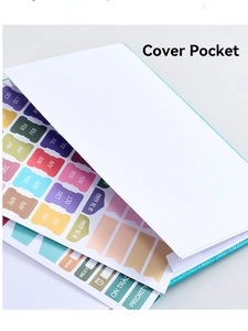 Detail view of the blue faux leather planner cover pocket with monthly index stickers