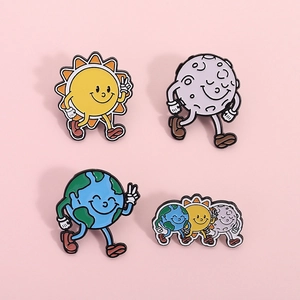 Cute universe collection enamel pins featuring cartoon sun, moon, and earth designs